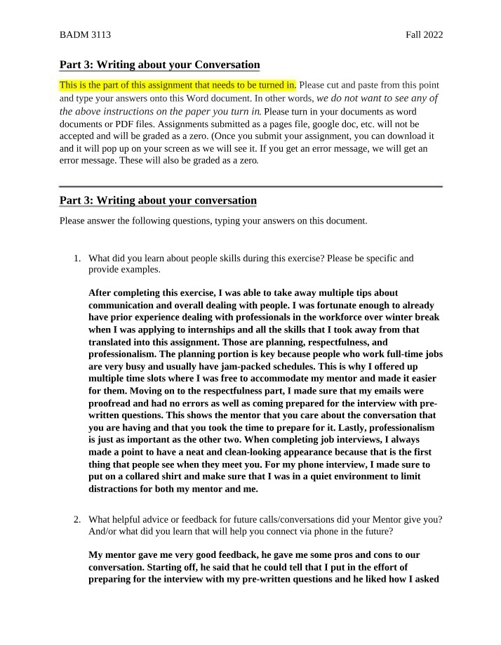 Writing Assignment on your Conversation