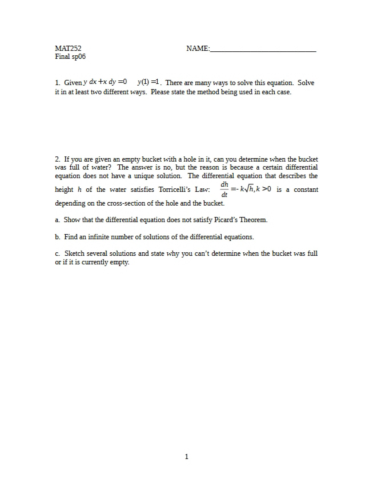 Final Exam for Differential Equations