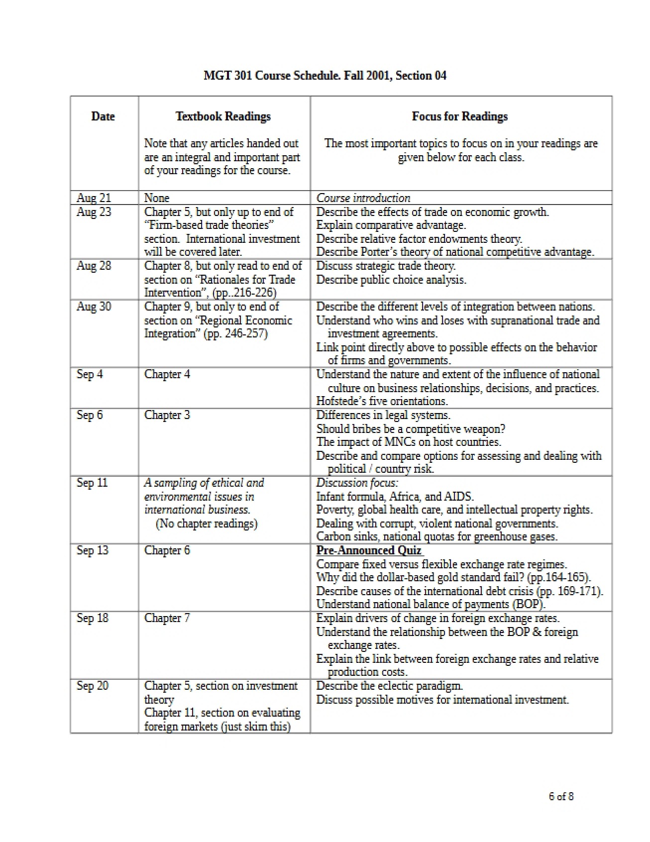 Schedule for MGT 301 Course