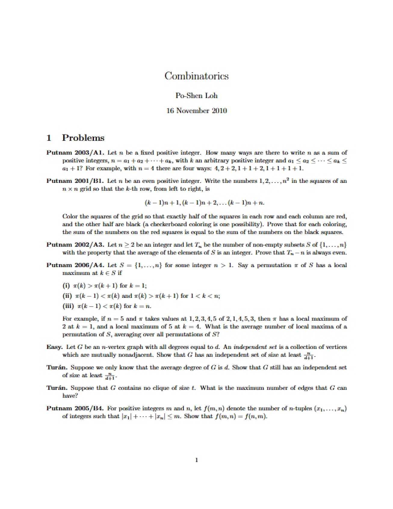 Combinatorics - Putnam