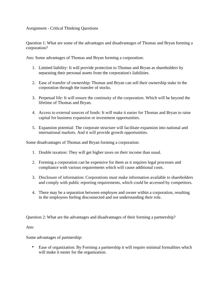 Critical Thinking Questions Assignment