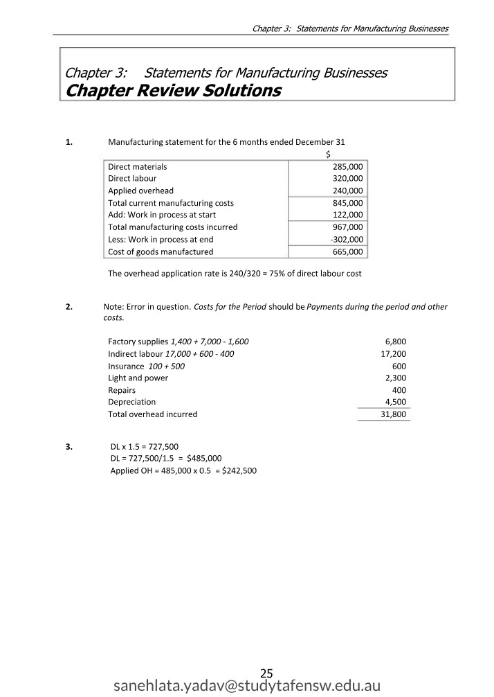 Statements for Manufacturing Businesses - Chapter 3
