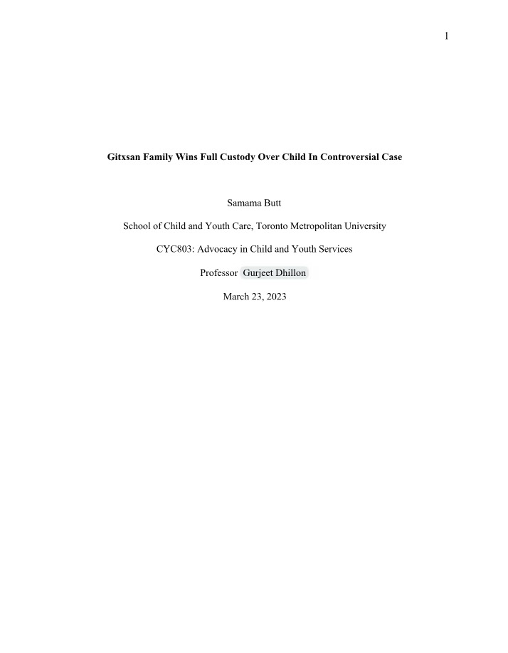 Advocacy for BIPOC Youth - Gitxsan Family Custody Case