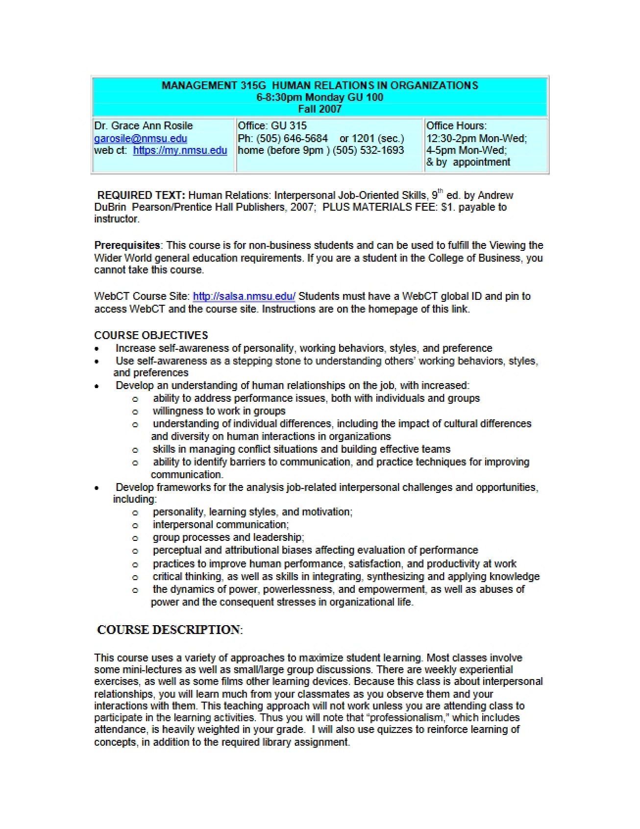 Syllabus on Human Relations in Organizations from Fall 2007 by Professor Rosile