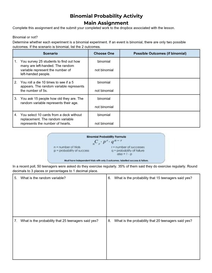 Binomial Probability Main Assignment