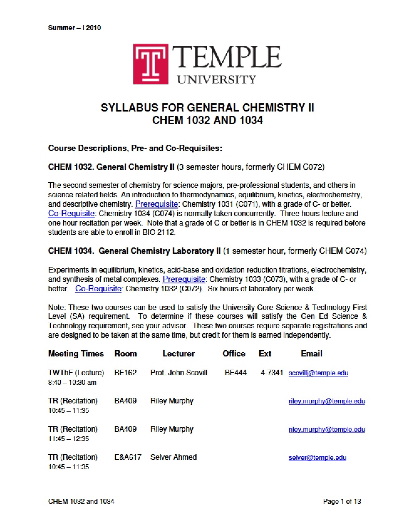 General Chemistry II Syllabus