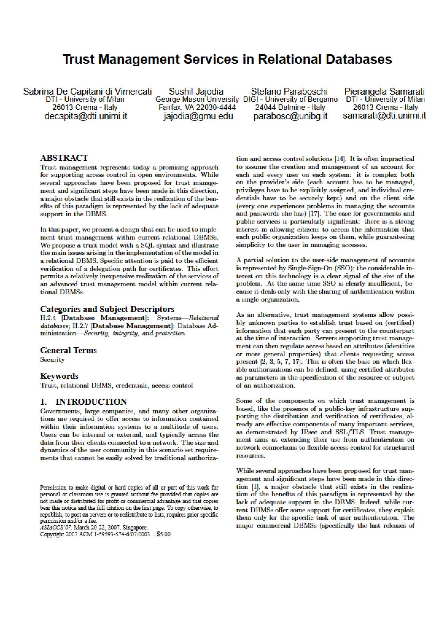 Relational Database Trust Management
