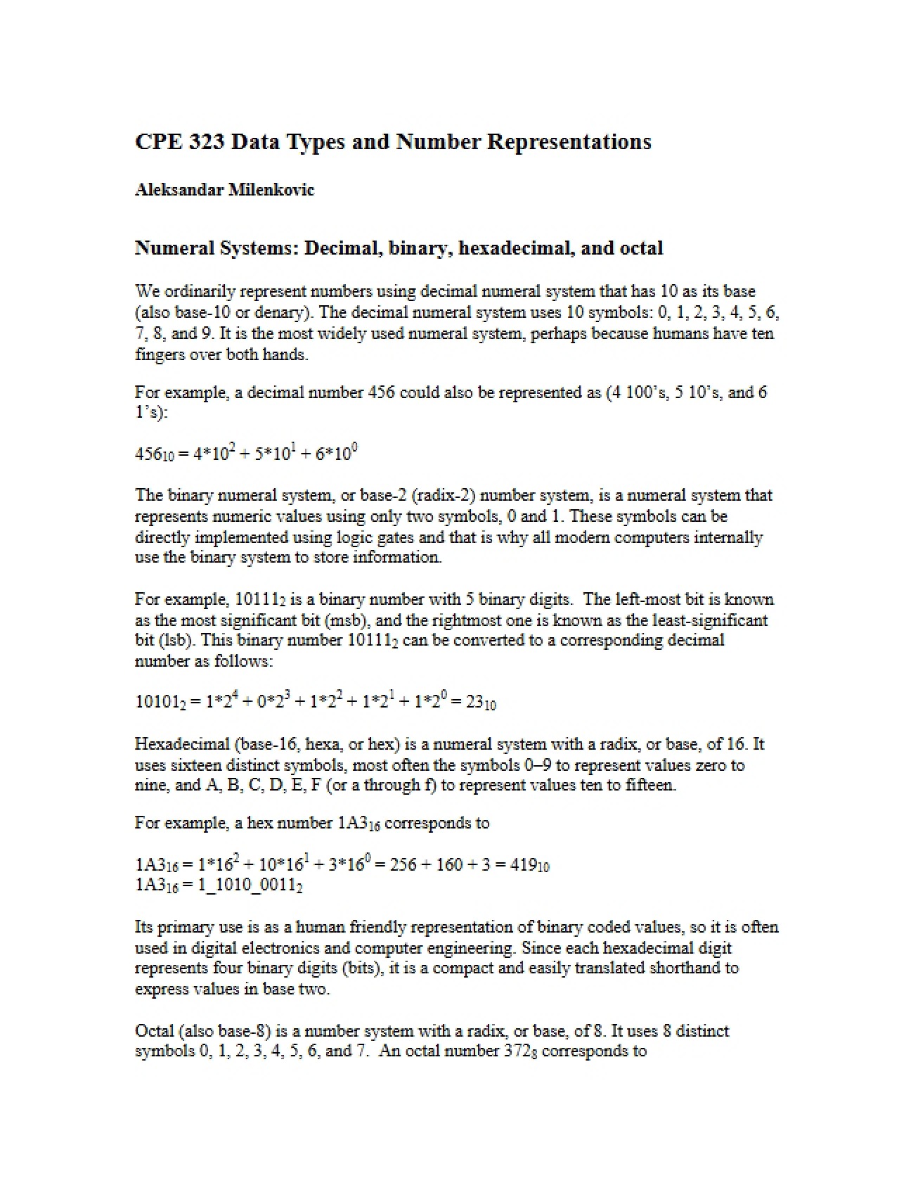 Number Representations and Data Types