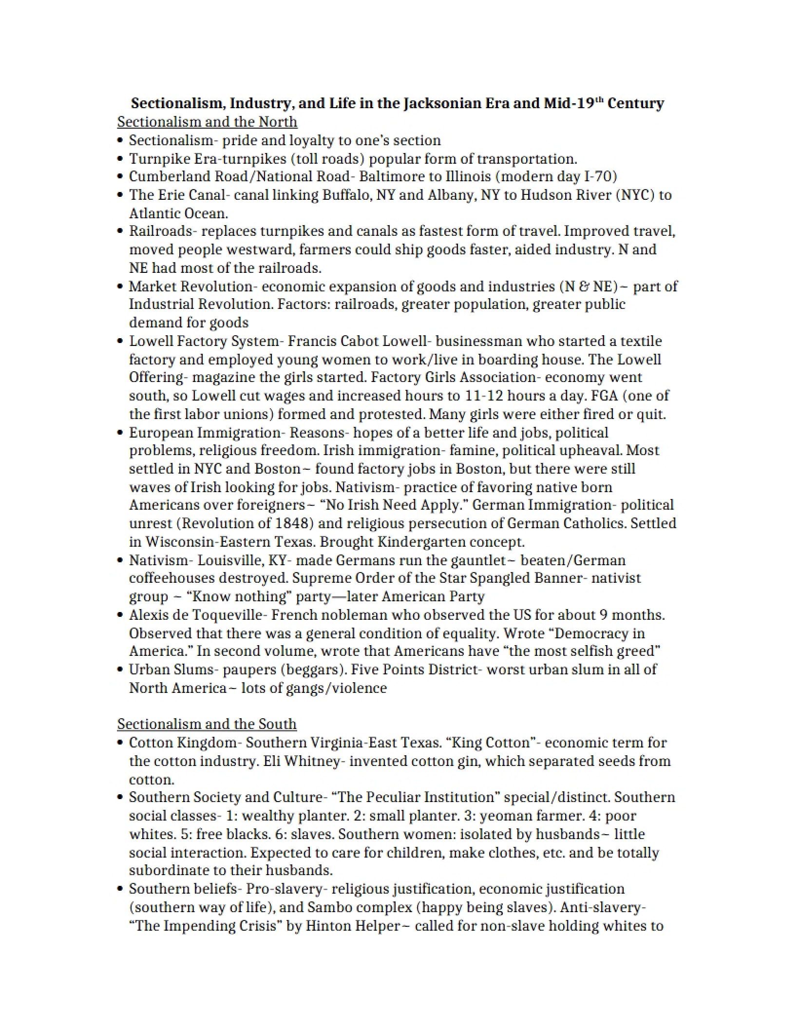 Jacksonian Era Sectionalism and Mid-19th Century Life