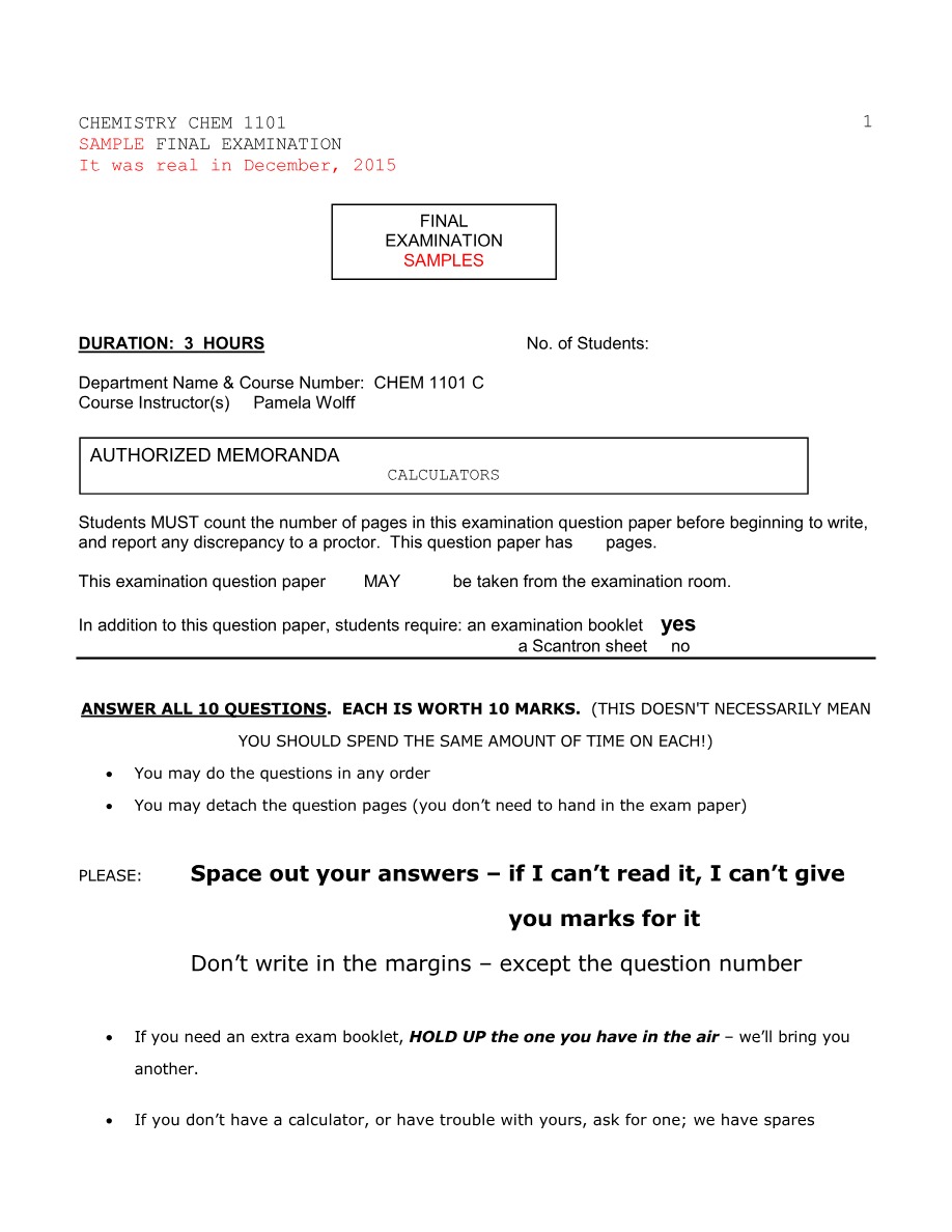 Sample Final Examination - CHEM 1101