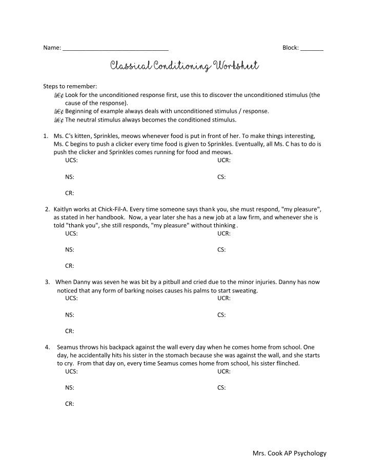 Worksheet on Classical Conditioning