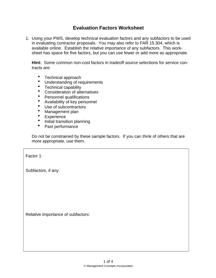 Worksheet for Evaluation Factors