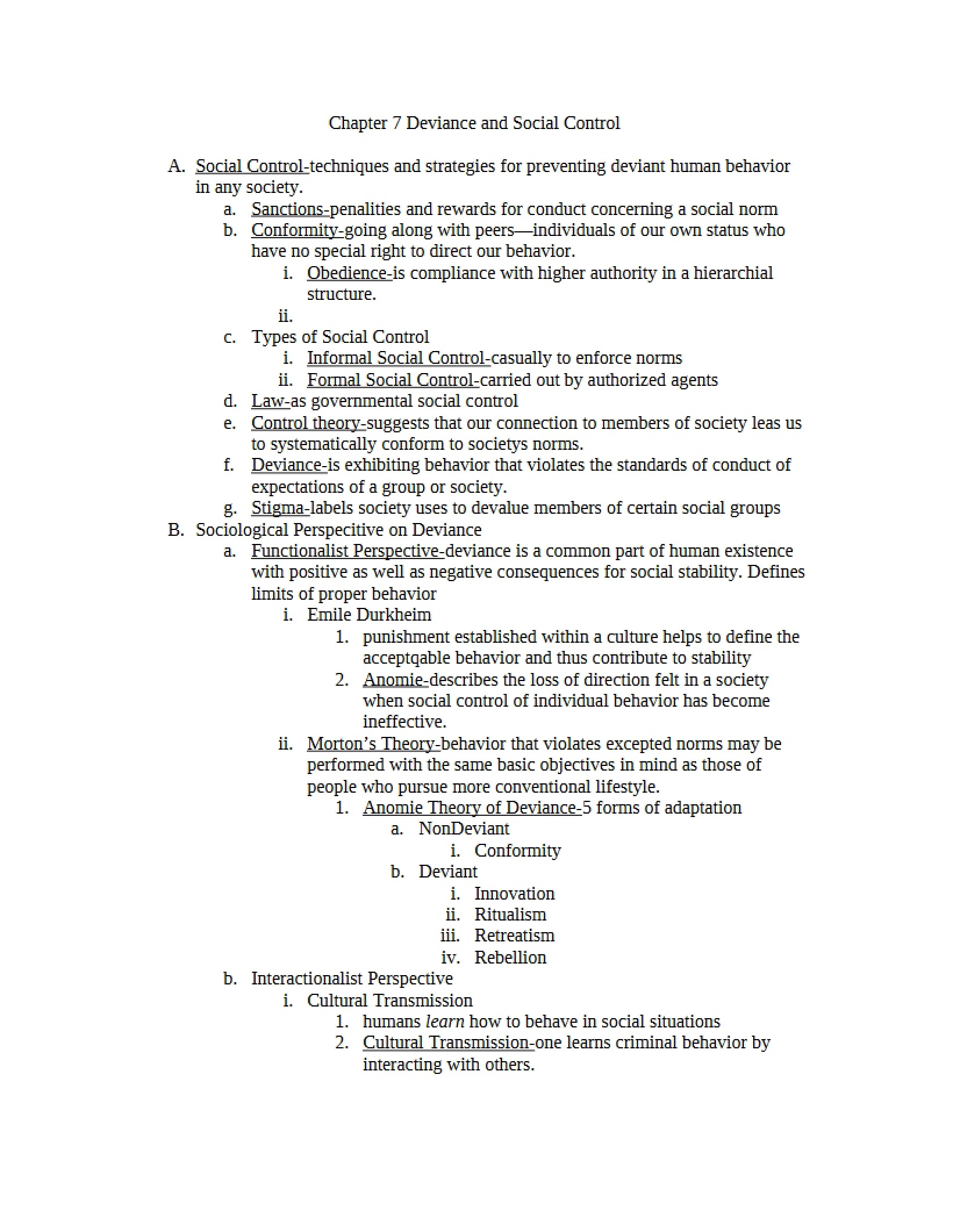Chapter Seven Deviance and Social Control
