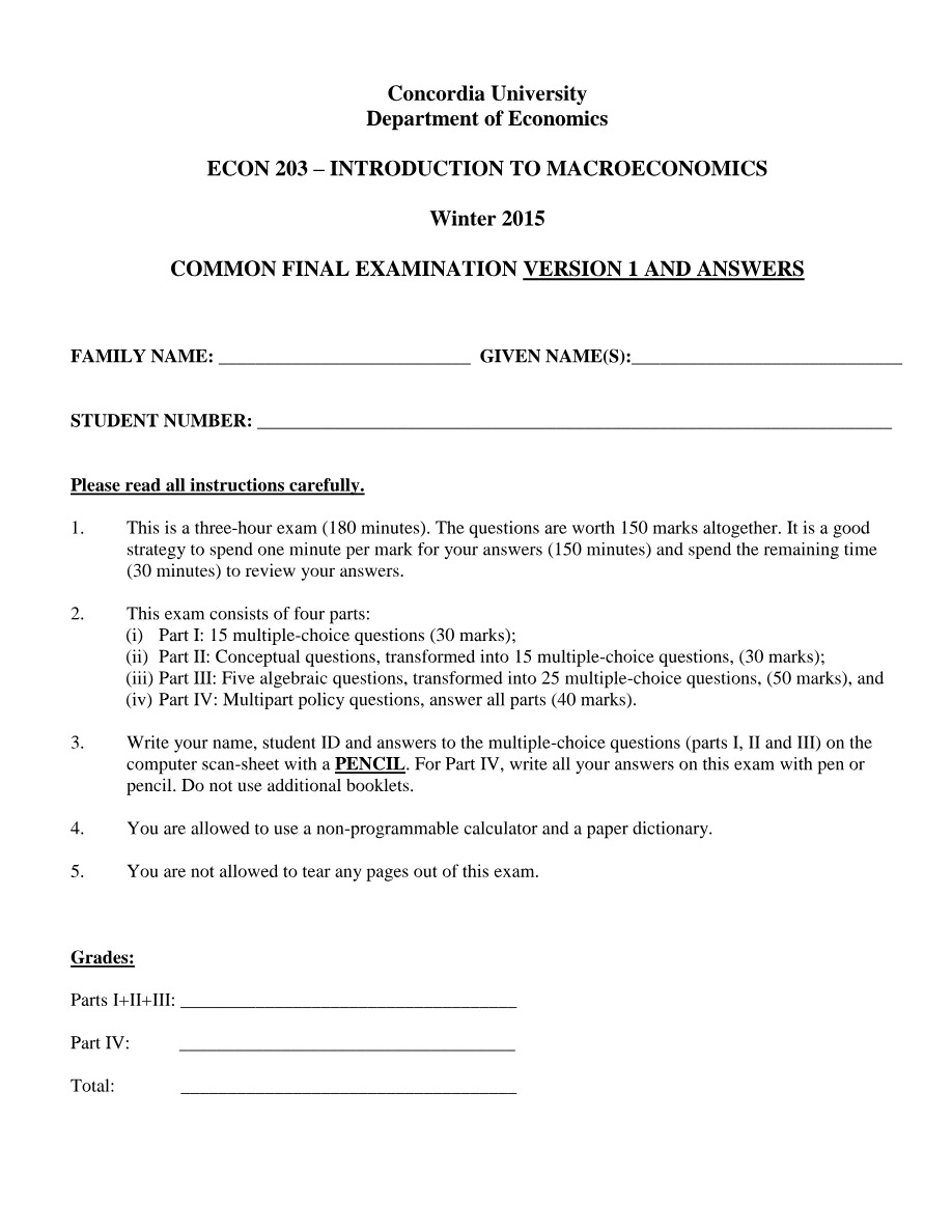 Winter 2015 Common Final Exam Version 1 and Answers - ECON 203