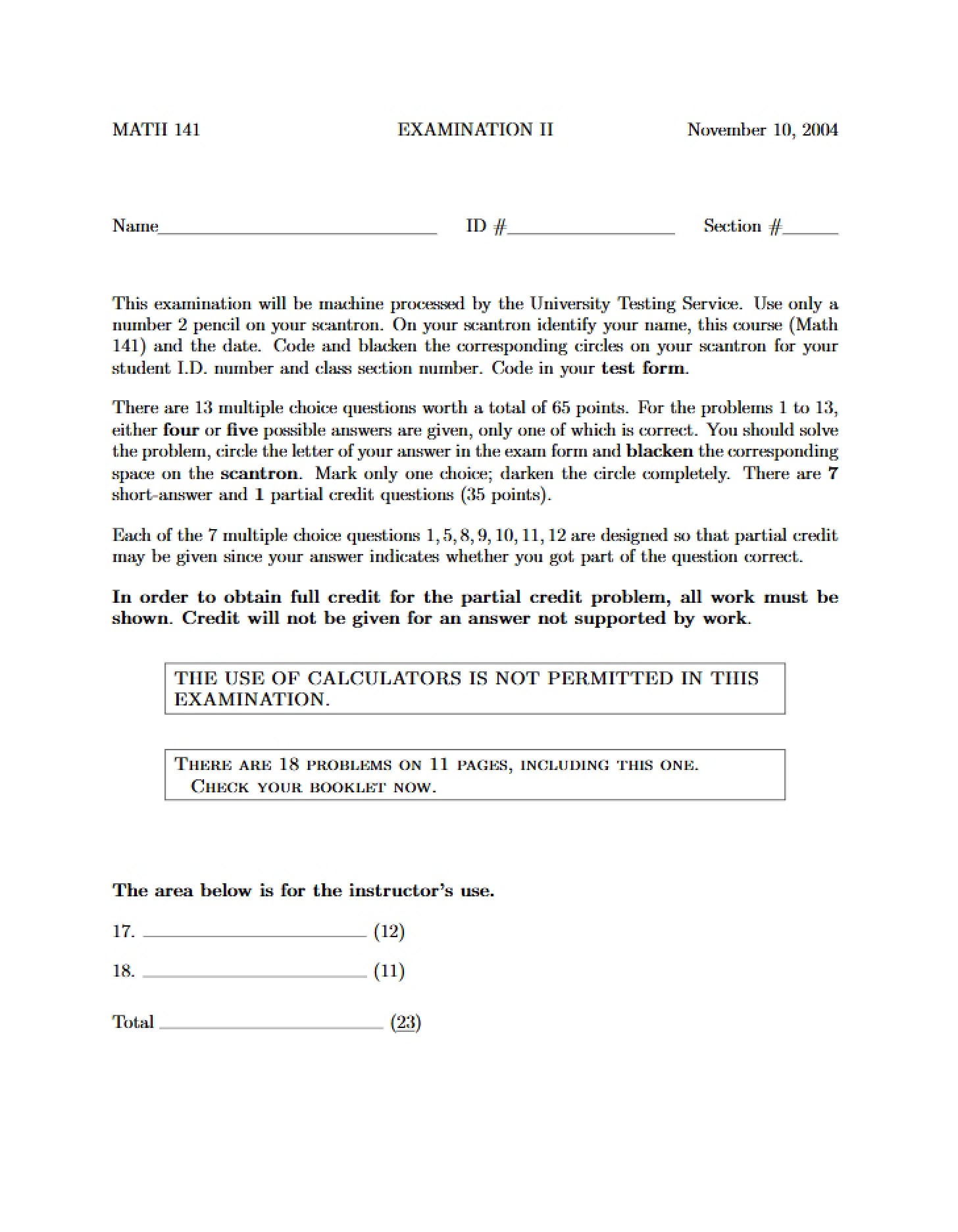 Second Exam Math 141
