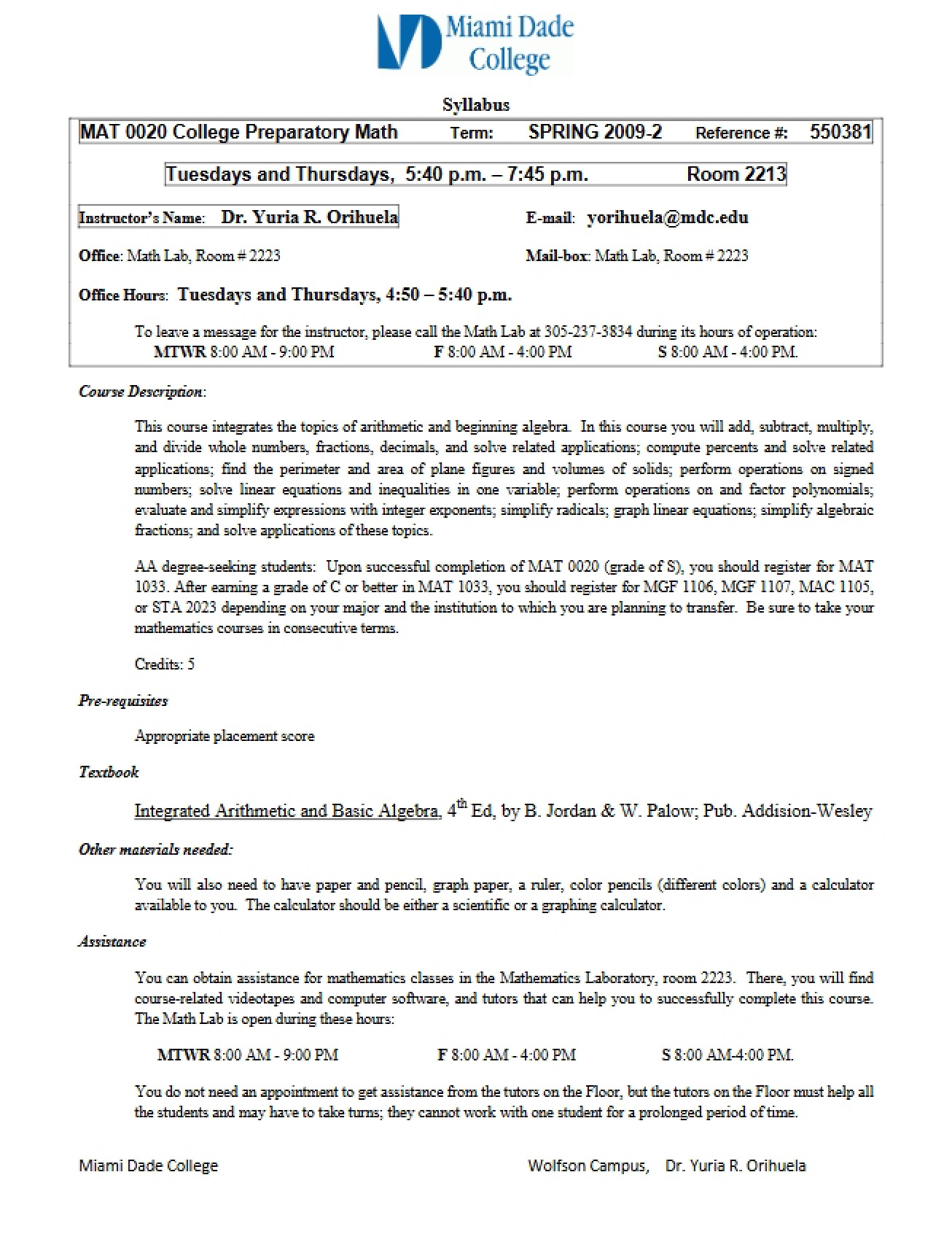 College Preparatory Mathematics Syllabus - MAT 0020