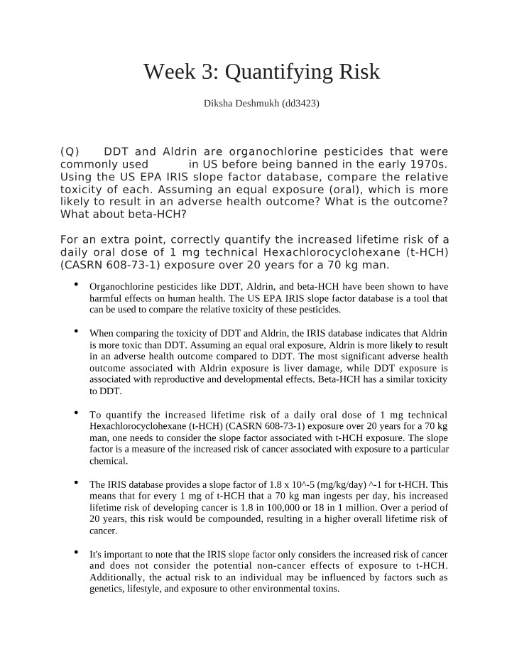 Comparing Toxicity of Pesticides - DDT, Aldrin, and beta-HCH
