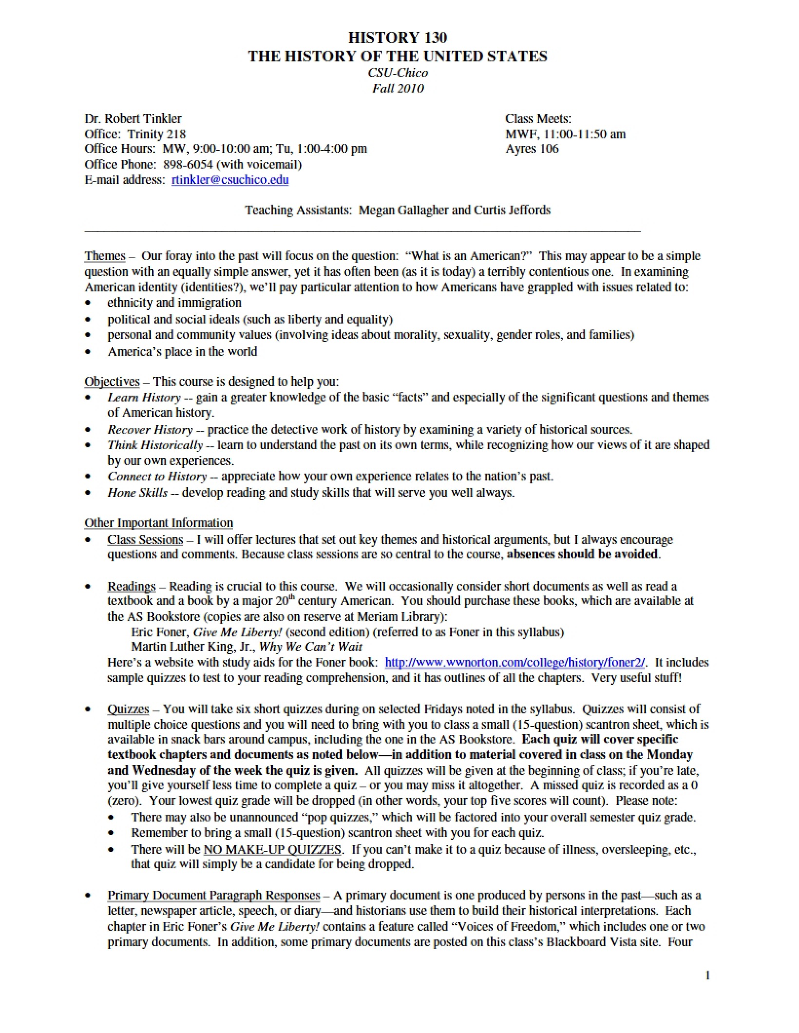 History of the US Course Outline - 6 Pages