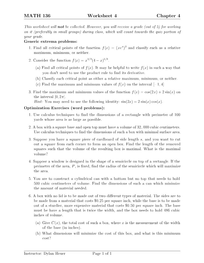 Calculus I - Worksheet 4