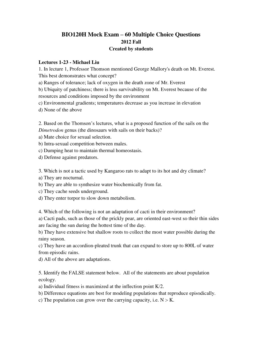 Mock Exam for BIO120H