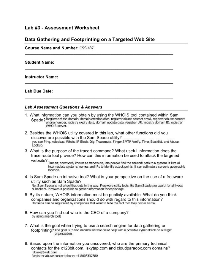 Lab Assessment Worksheet for Data Gathering and Footprinting on a Targeted Web Site