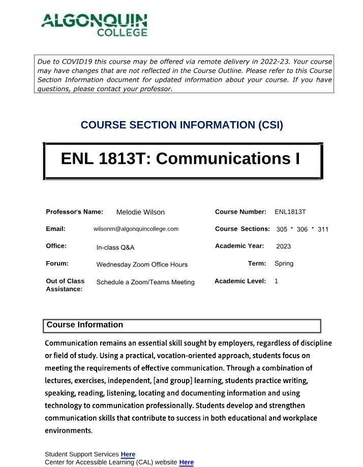Section Information for ENL1813T Communications I