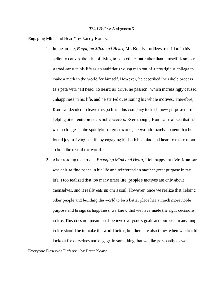 Finding Purpose in Helping - Engaging Mind and Heart Assignment