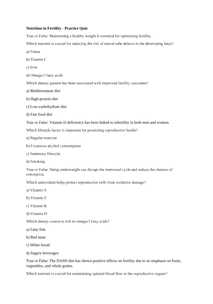 Nutrition Quiz - Fertility, Healthy Weight, and Nutrients