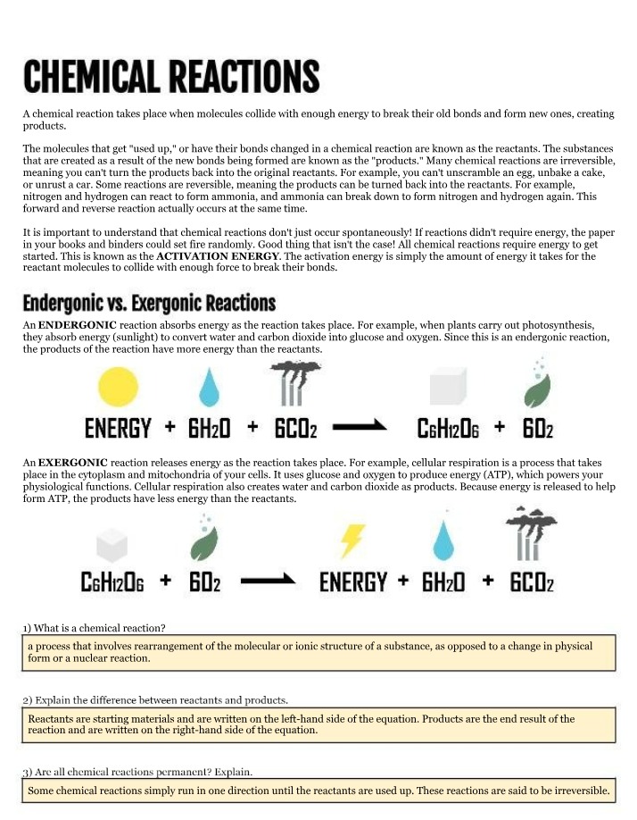 Worksheet on Chemical Reactions and Enzymes