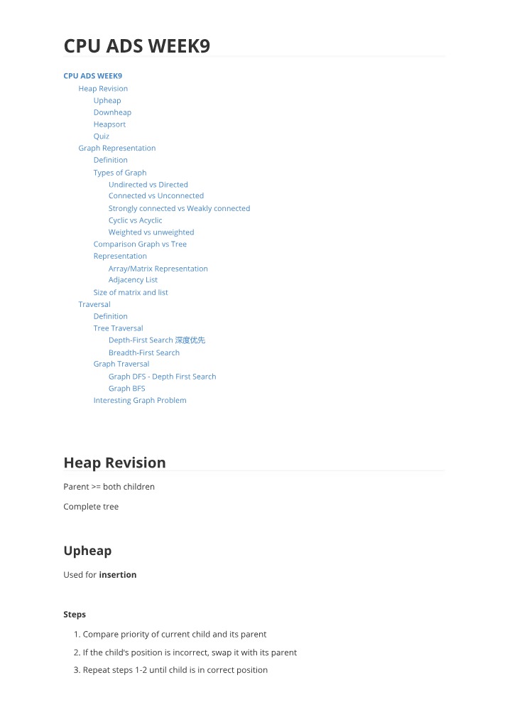Week 9 Revision - Heap, Upheap, Downheap, Heapsort, and Graph Traversal
