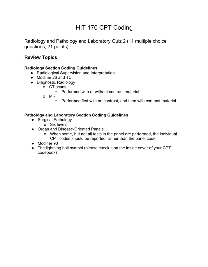 Quiz on Radiology and Pathology CPT Coding Guidelines