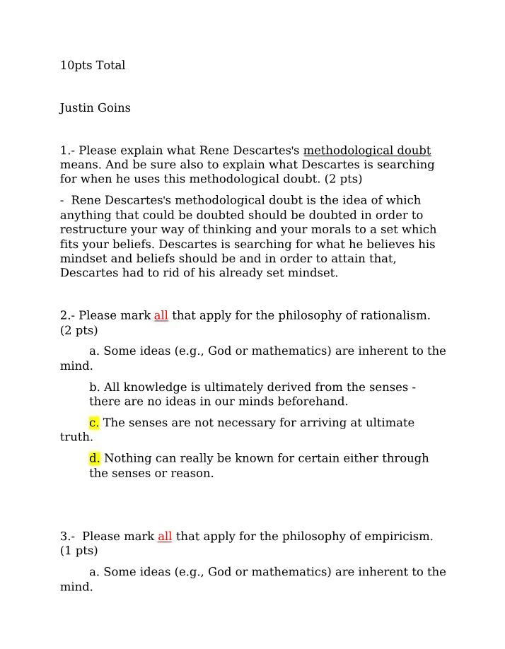 Rene Descartes - Questions on Methodological Doubt