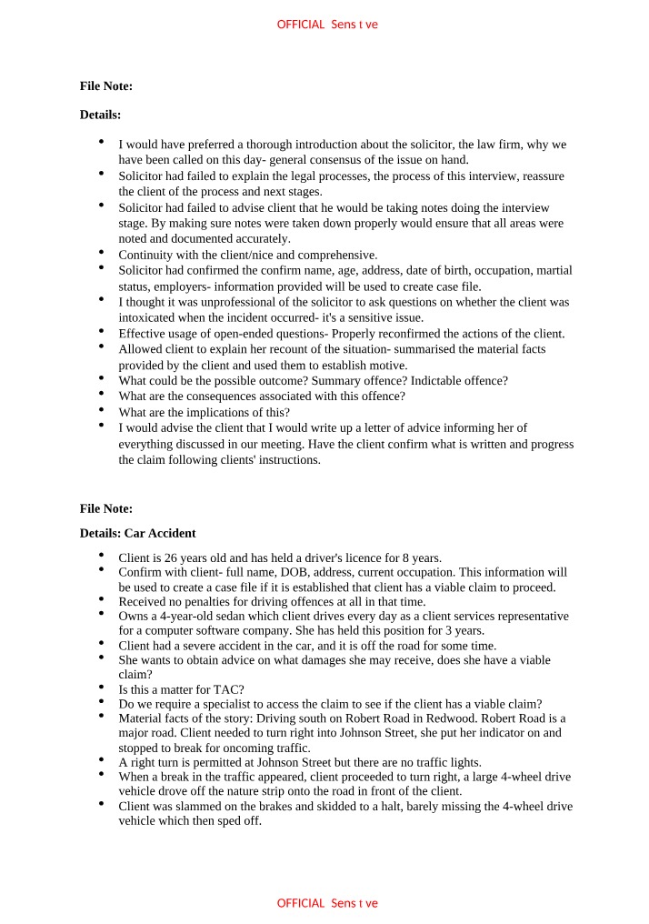 Advice Notes on Car Accident Personal Injury Claims