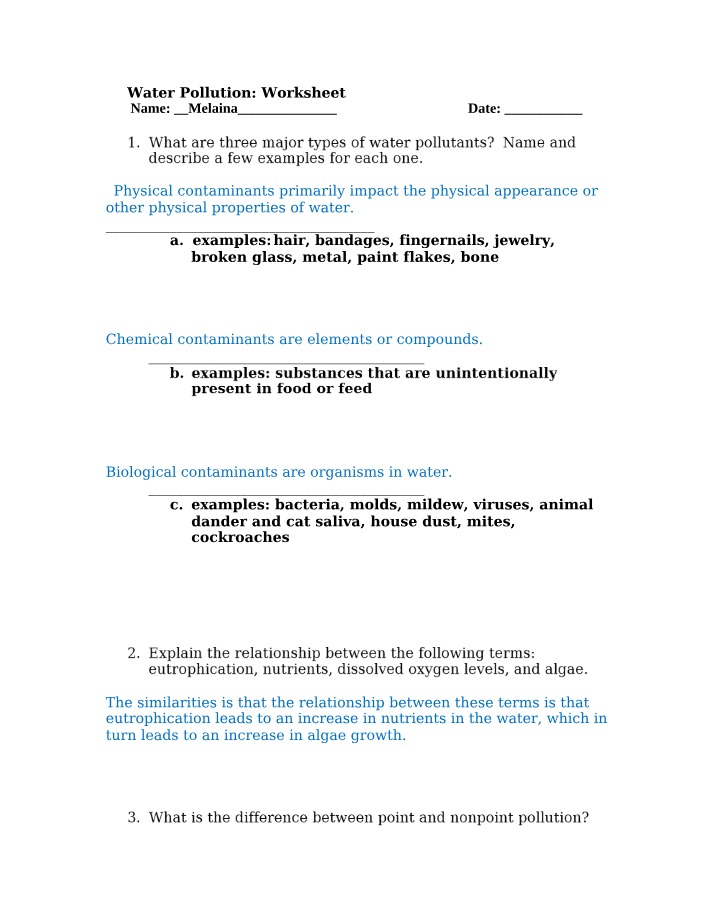 Worksheet on Water Pollution