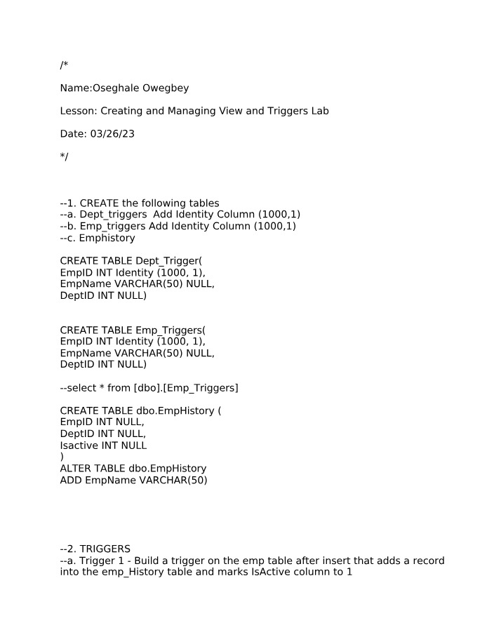 Creating and Managing Triggers, Tables, and Views