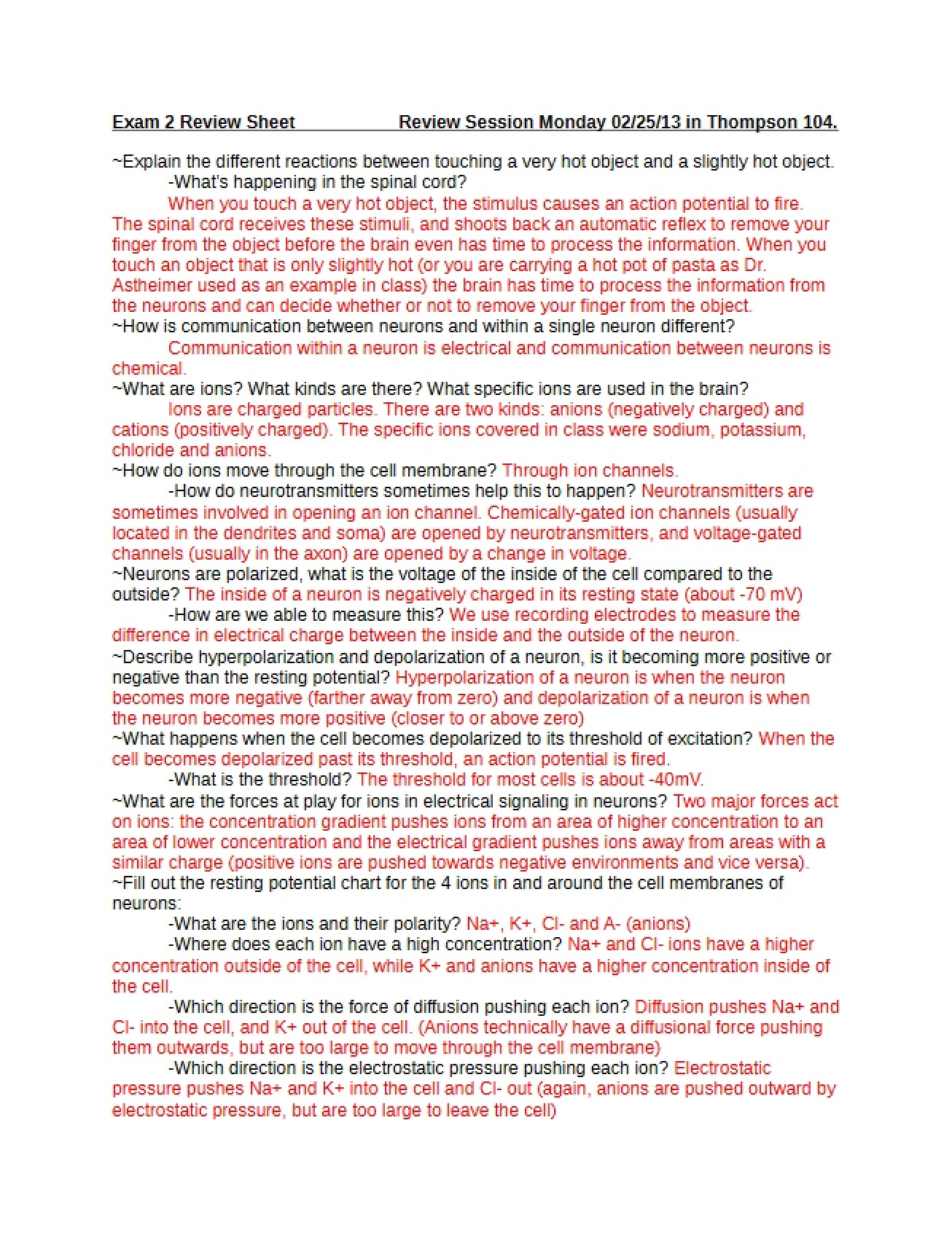 Answers for Exam Two Review