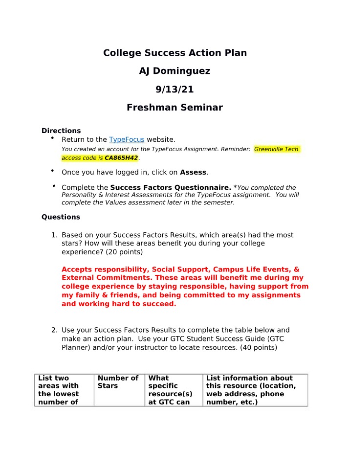 Action Plan for College Success
