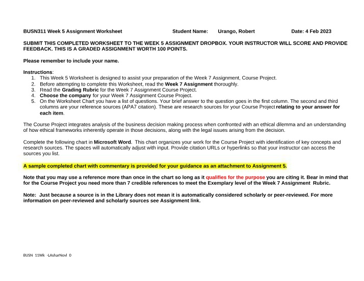 Week 5 Assignment Worksheet - BUSN311