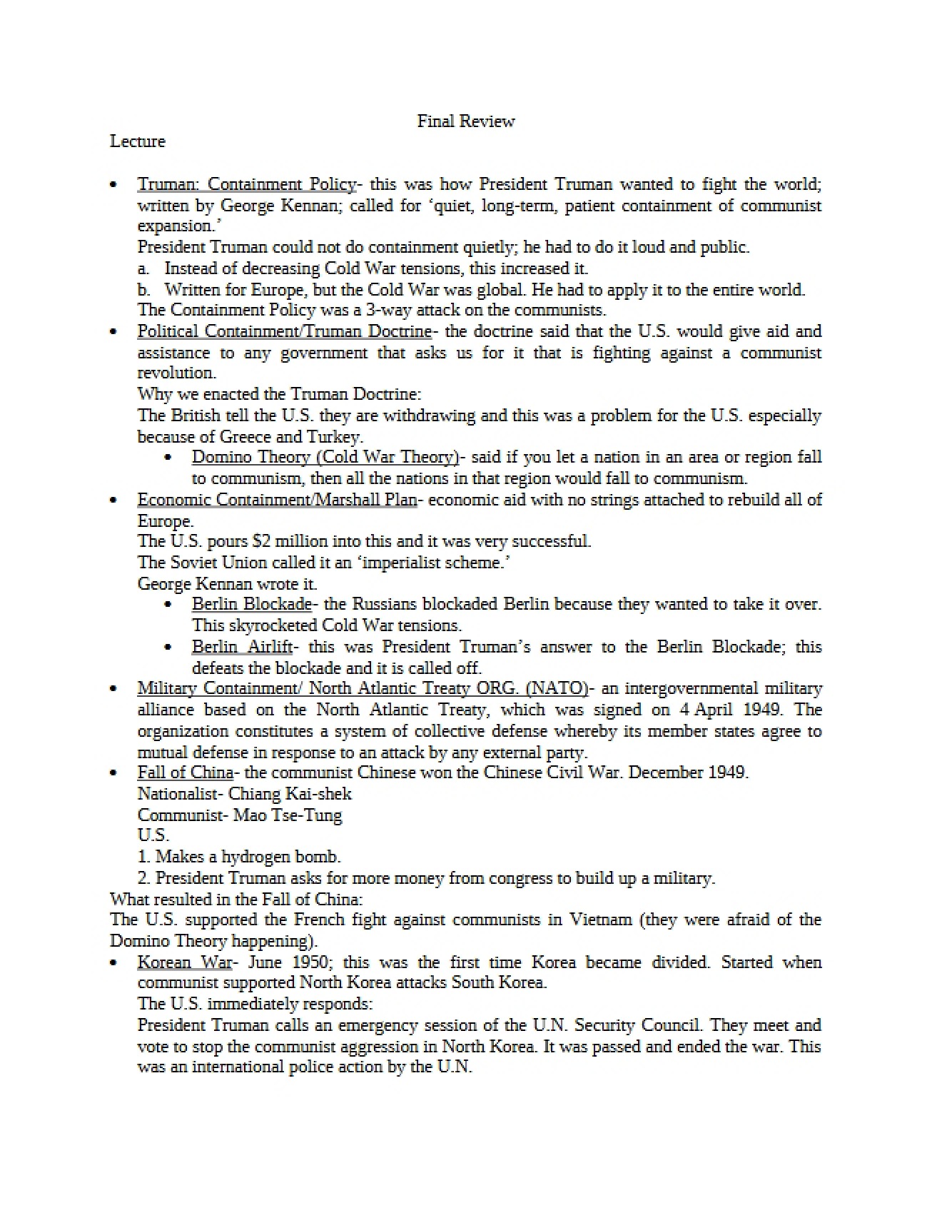 Final Review for the American Experience II