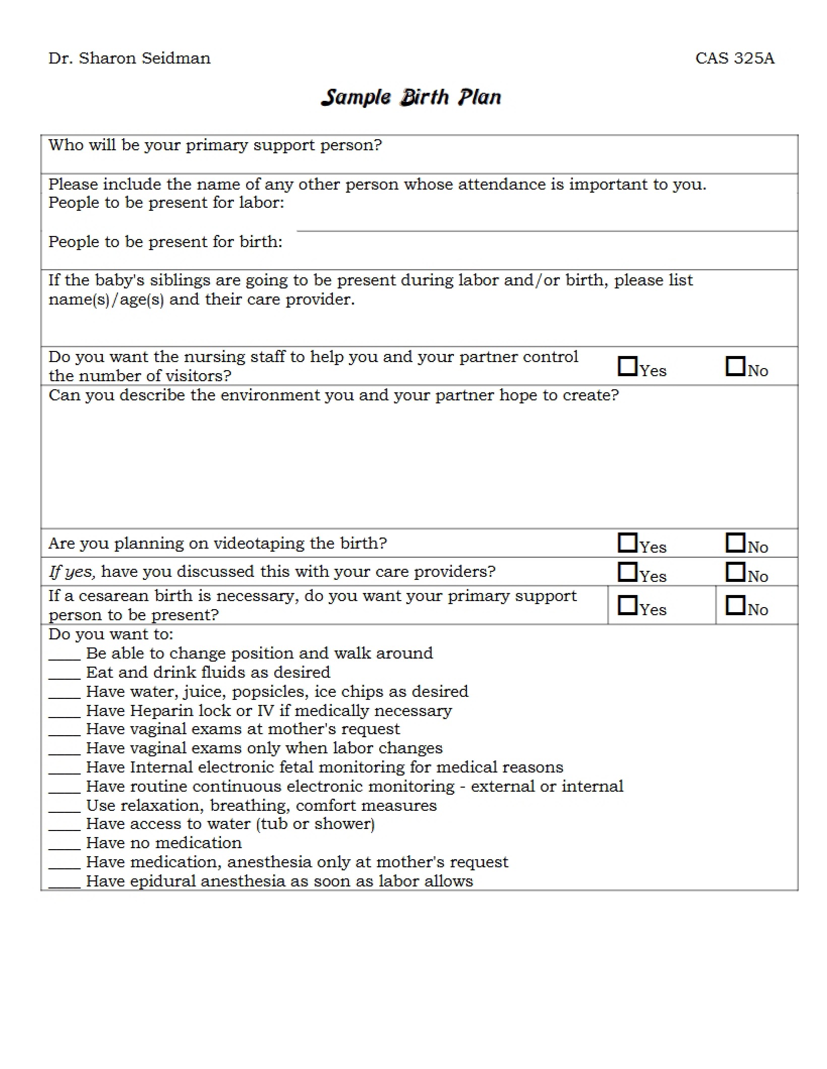 Birth Plan Example