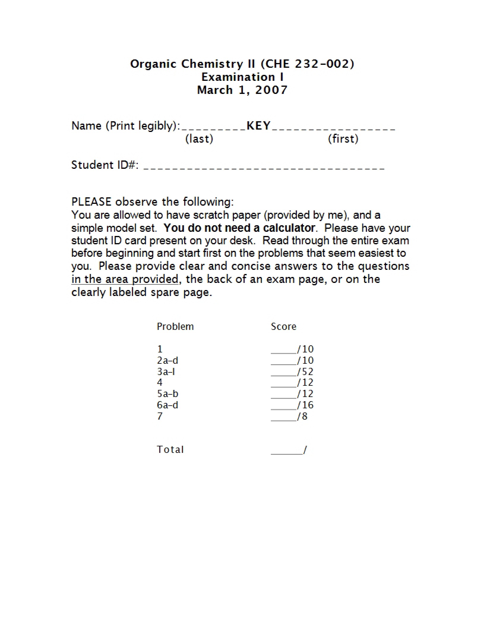Examination I for Organic Chemistry II