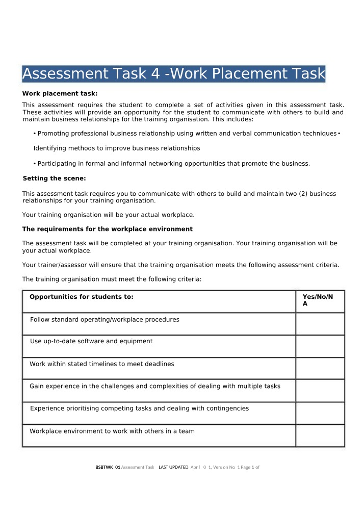 Work Placement Task - Assessment Task 4
