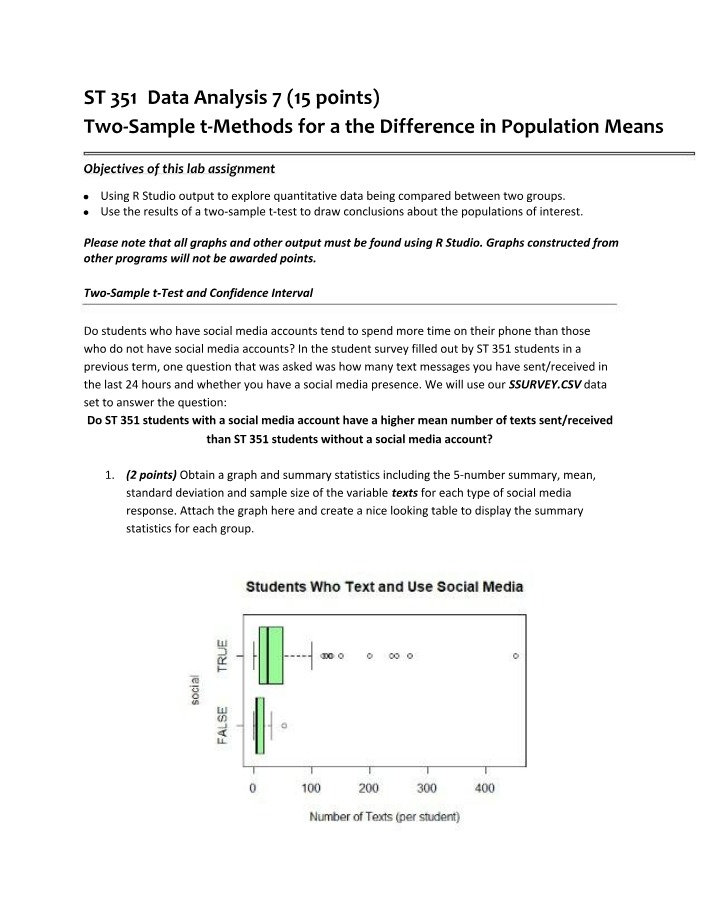 ST 351 Data Analysis 7 - Two-Sample t-Methods for Population Means