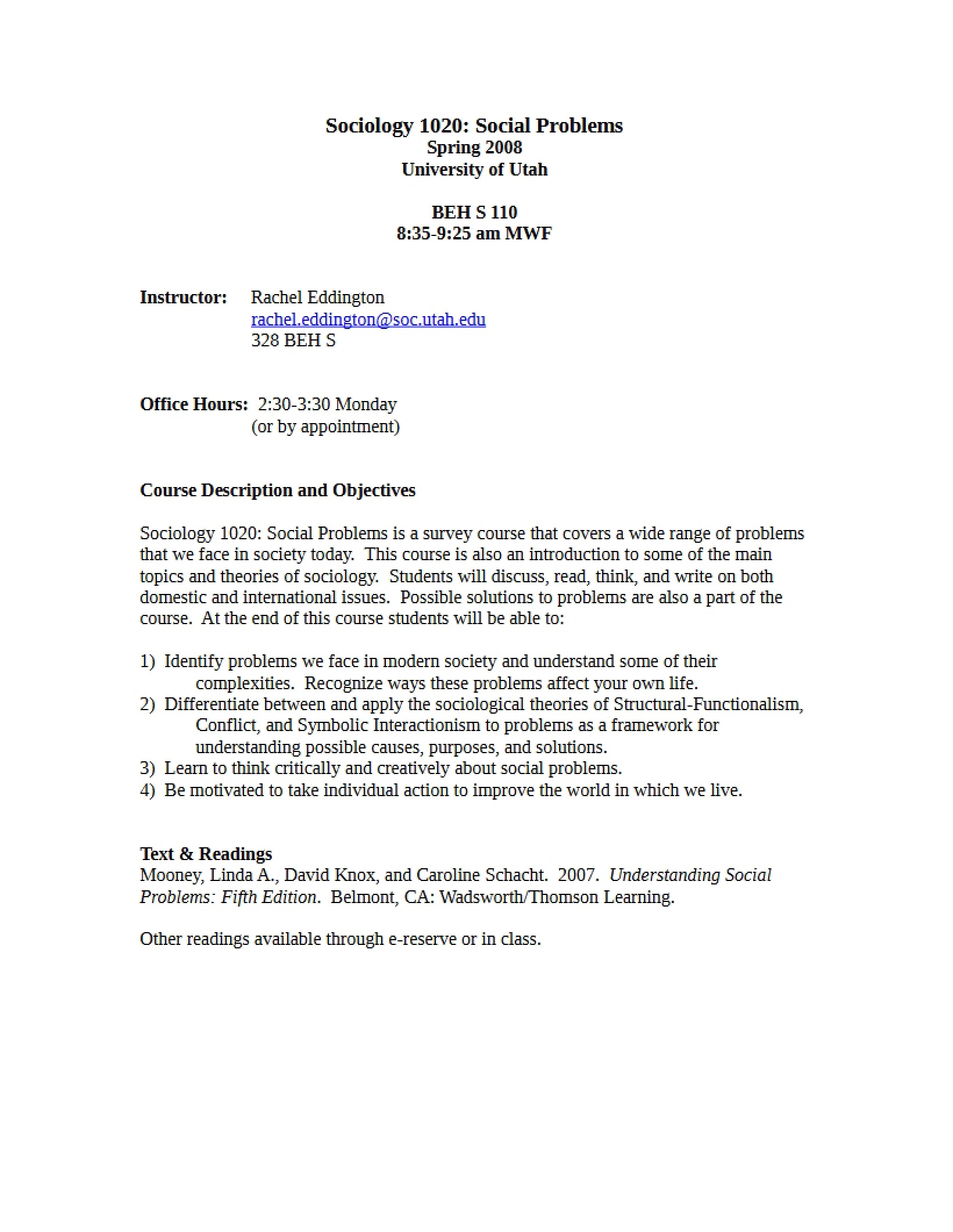 Syllabus for Social Problems - 8 Pages