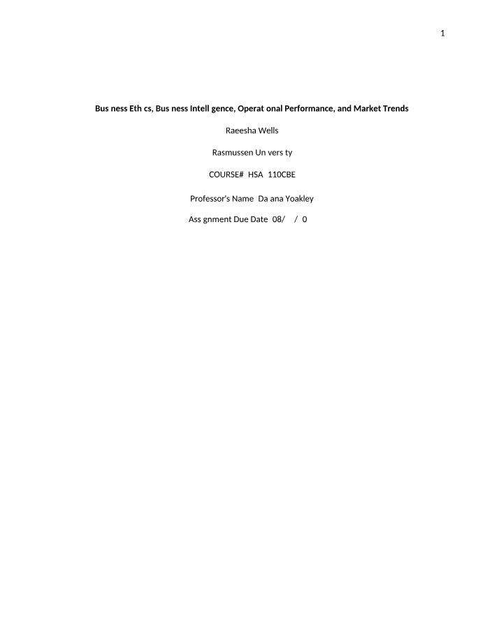 HSA1050 - Business Ethics and Business Intelligence Deliverable