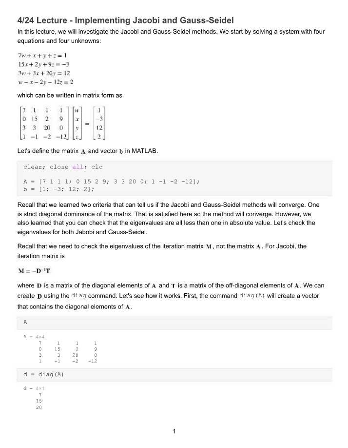Jacobi and GS Matlab Code