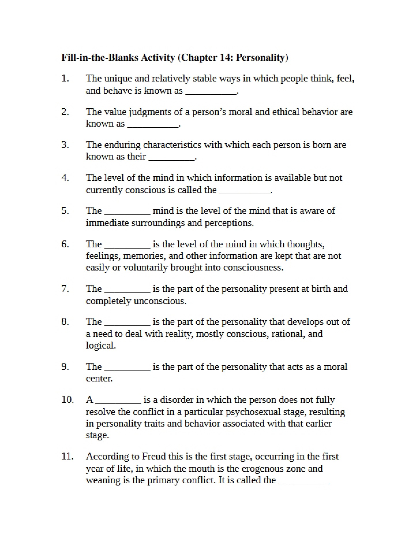 Worksheet for Final Study