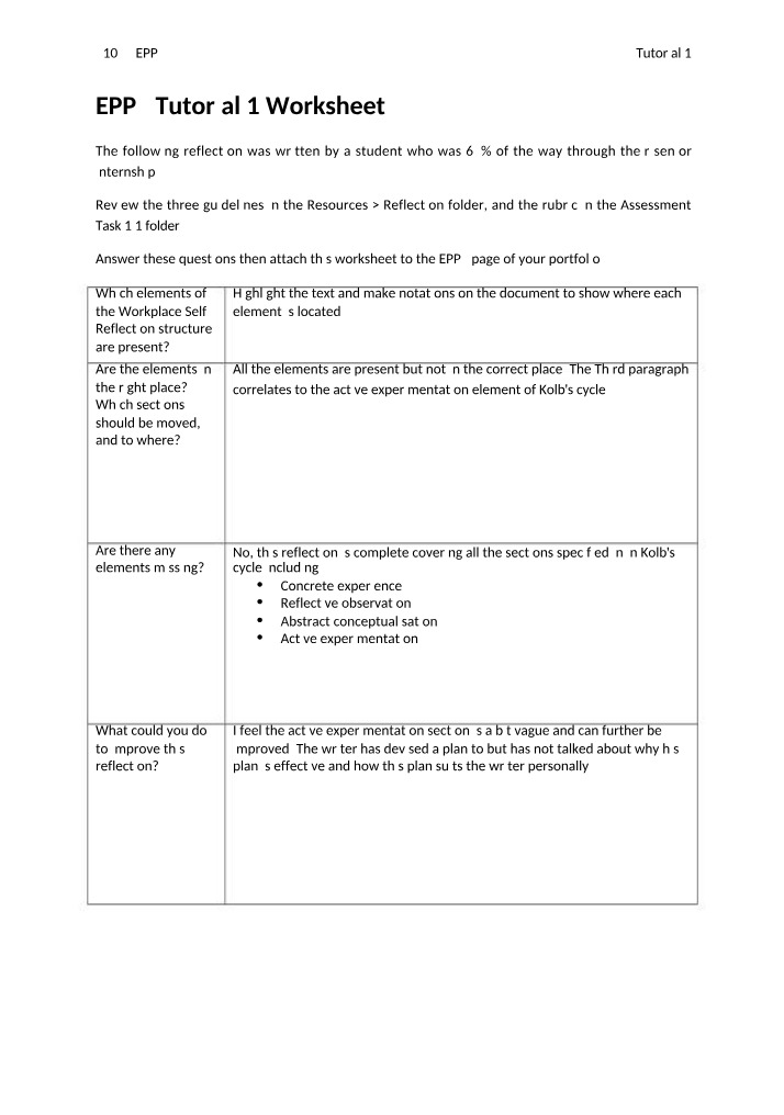 Worksheet and Reflection Exemplar - EPP2 Tutorial 1