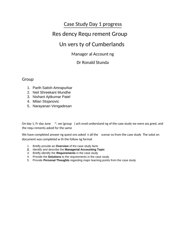 Managerial Accounting Day 1 Case Study - Progress and Solutions