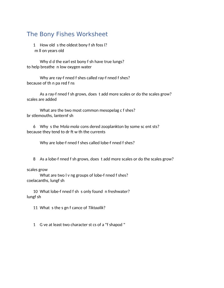 Worksheet on The Bony Fishes